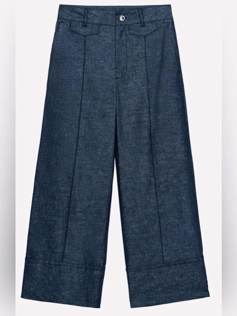 ZARA Linen Blend Wide Leg Denim Culotte Pants Indigo Blue XS NWT